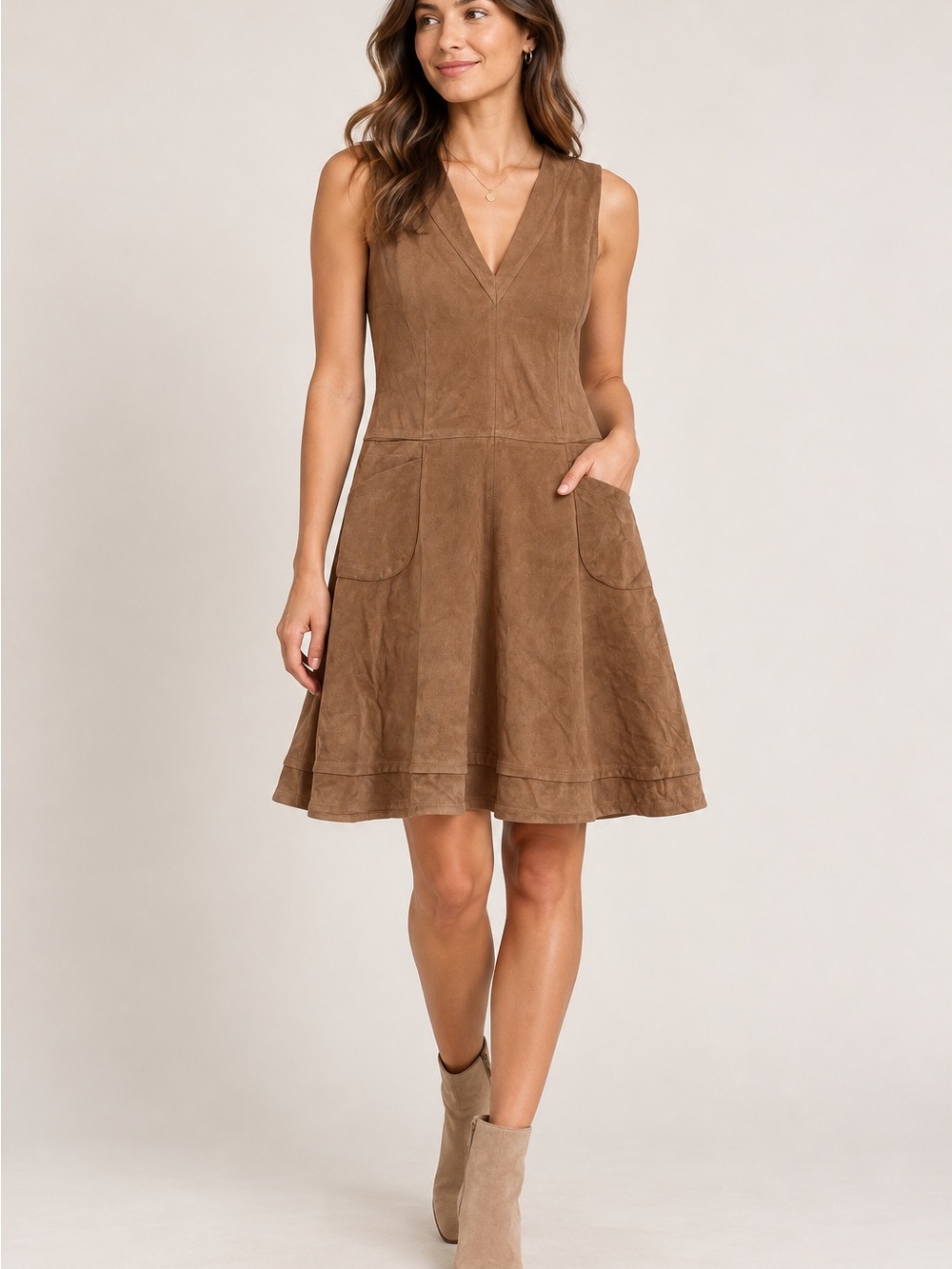 Cato Brown Faux Suede Sleeveless V-Neck A-Line Dress Pockets Womens Size 16